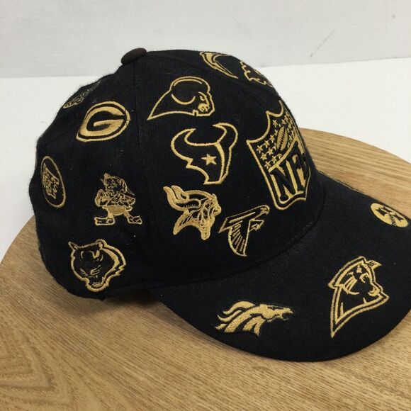 Reebok NFL All Over Team Logos Fitted Baseball Hat Black Gold Size 7 1/4 - Picture 2 of 16